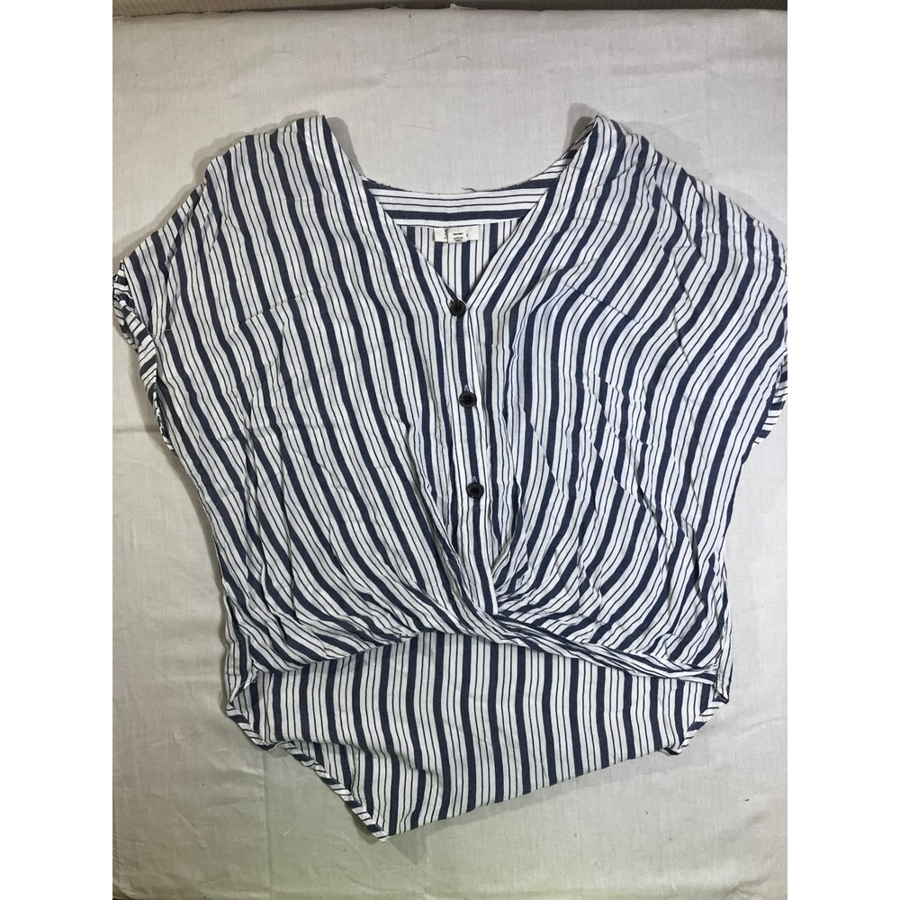 ANA A New‎ Approach Womens Small Navy Blue White Striped Twist Front Button Top